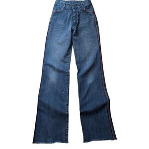 Vintage 70s Red Stripe Western Wide Leg Jeans 24x34.5 Raw Hem Tall High Waist
